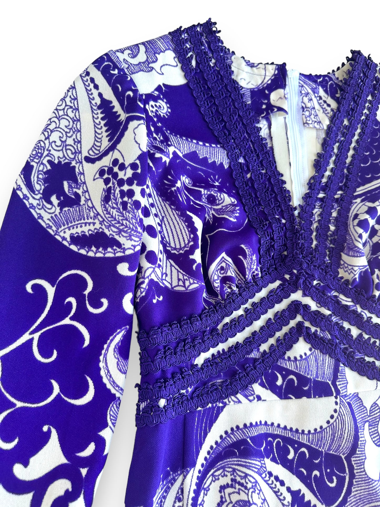 1970s Handmade Purple + Creme Print Hippie Dress