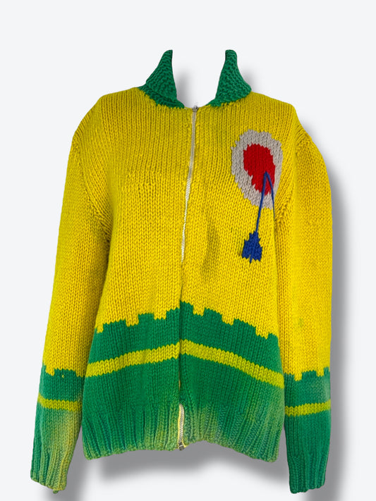 70s/80s Unisex Hand-Knit Graphic Zip Cardigan – Abstract Folk Art Sweater Jacket (Worn To Perfection)