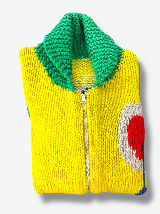 70s/80s Unisex Hand-Knit Graphic Zip Cardigan – Abstract Folk Art Sweater Jacket (Worn To Perfection)