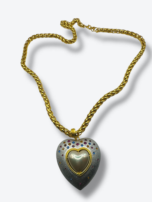 Vintage CRAFT Heart Pendant Necklace with Faux Pearl & Crystals – 1980s Statement Jewelry