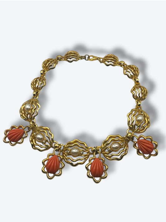 Vintage 1980s Gold Openwork Necklace with Faux Coral Drops & Pearls