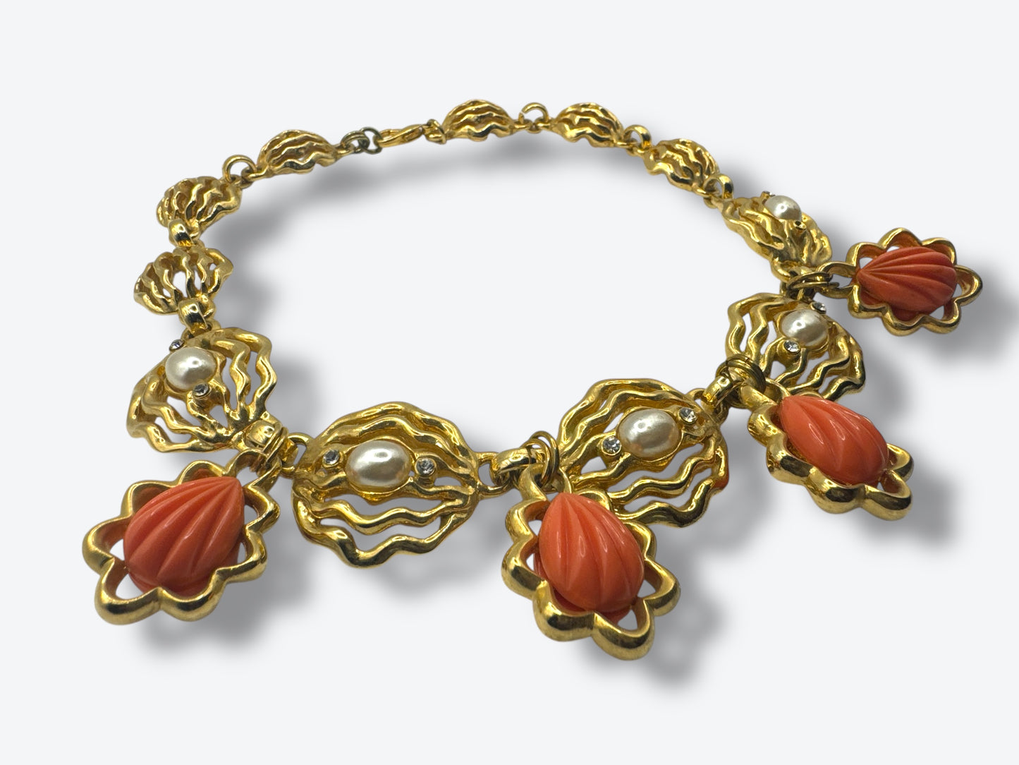 Vintage 1980s Gold Openwork Necklace with Faux Coral Drops & Pearls
