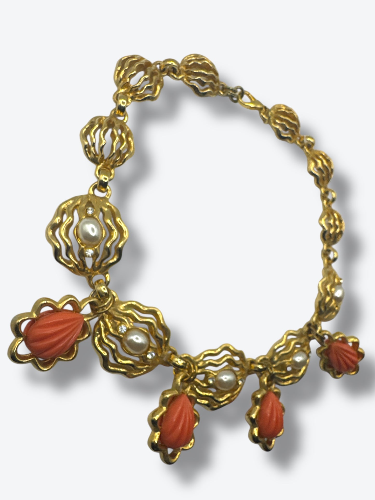Vintage 1980s Gold Openwork Necklace with Faux Coral Drops & Pearls