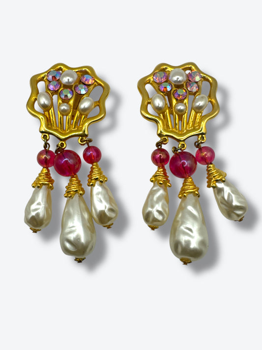 Vintage 1980s Statement Drop Earrings with Faux Pearls & Aurora Borealis Crystals