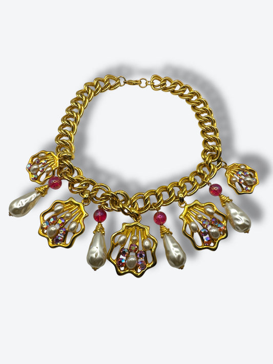 Vintage 1980s Statement Collar Necklace with Faux Pearls, Aurora Borealis Crystals & Baroque Drops