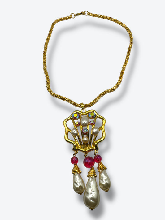 Vintage 1980s Pendant Necklace with Faux Pearls, Aurora Borealis Crystals & Baroque Drops