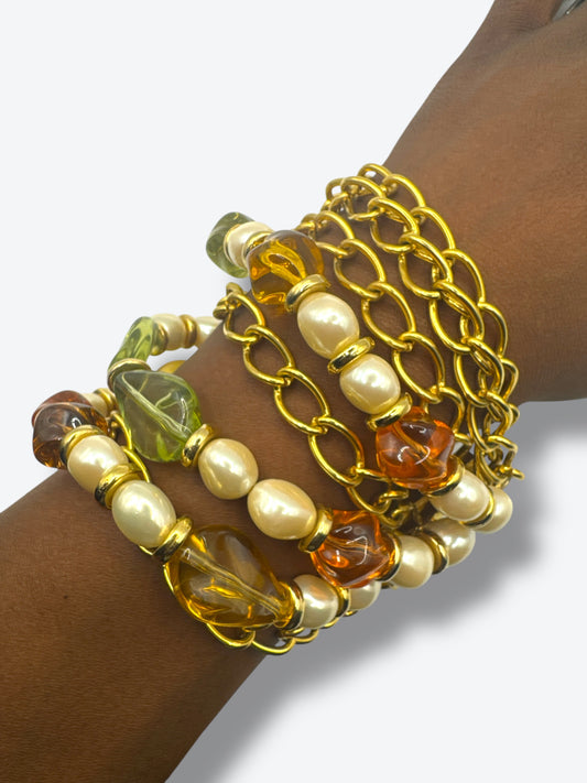 Vintage 1980s Chunky Bracelet Set with Faux Pearls, Colored Resin & Gold Chains