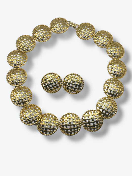 Vintage 1960s Woven Dome Necklace & Earrings Set – Mid-Century Modernist Parure