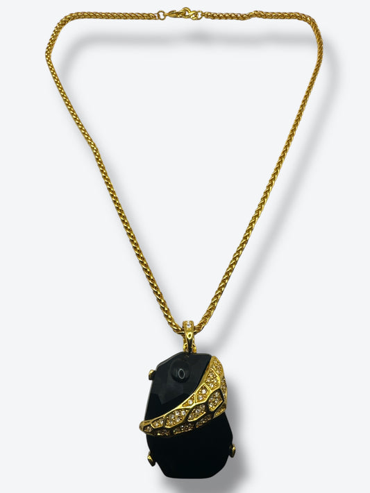 Vintage 1980s Kenneth Jay Lane Black Stone Pendant Necklace with Gold & Rhinestone Accents