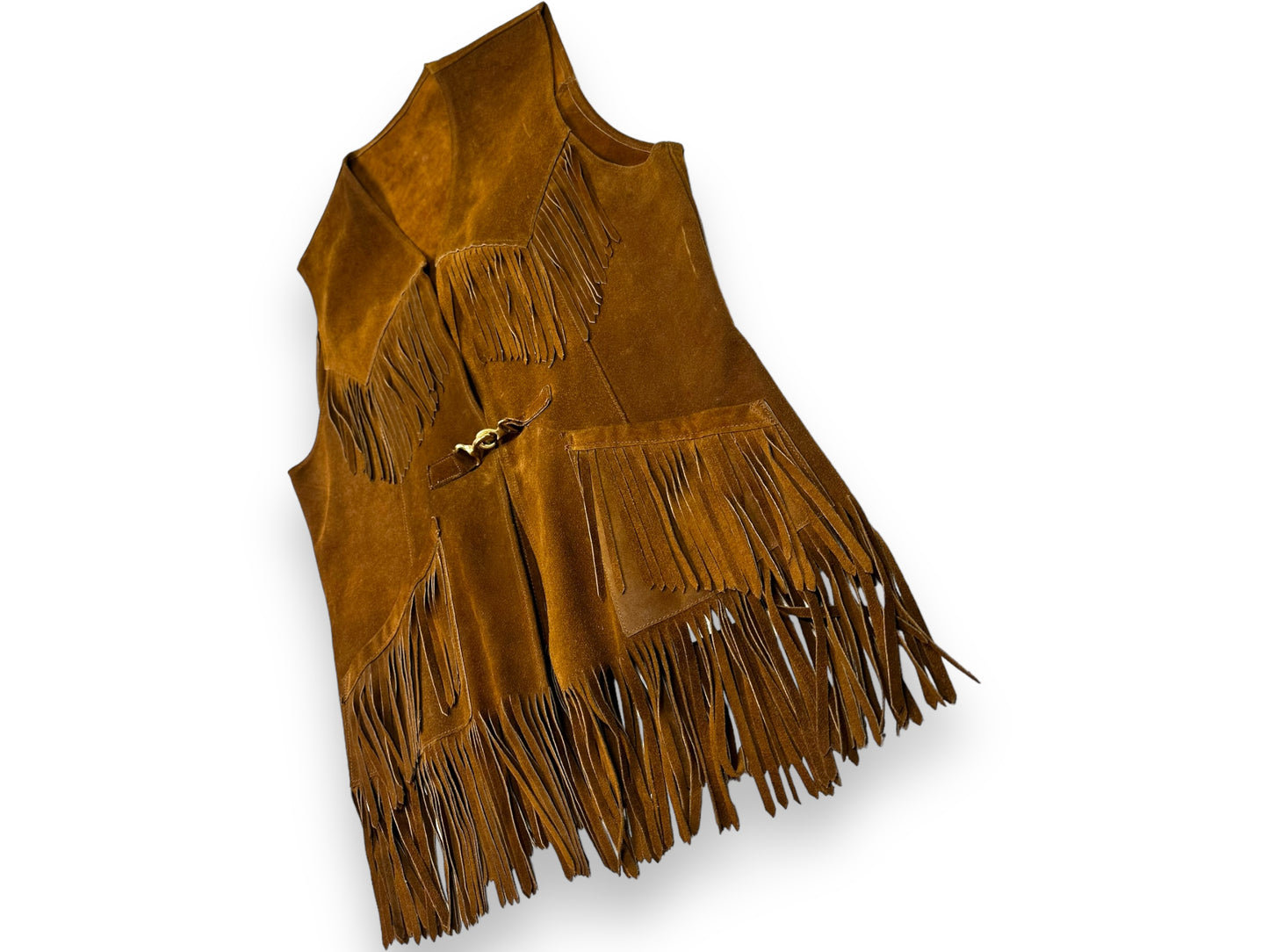 1970s Brown Suede Fringe Buckle Vest