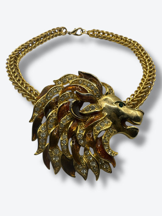 1980s Craft Lion Head Statement Necklace with Rhinestone & Enamel Mane