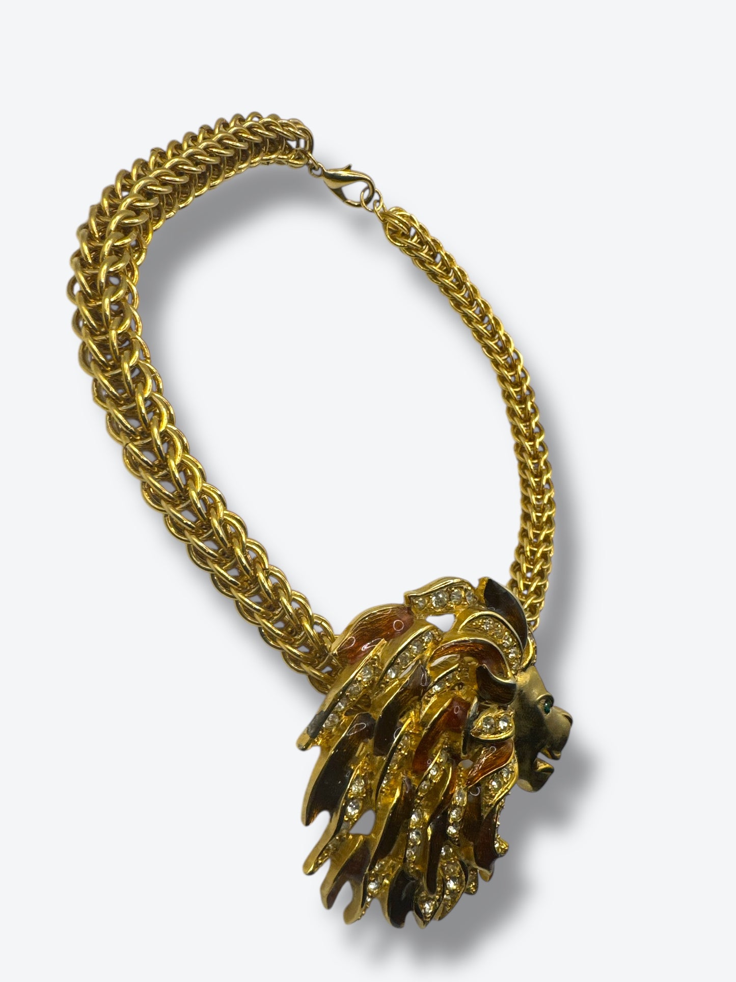 1980s Craft Lion Head Statement Necklace with Rhinestone & Enamel Mane