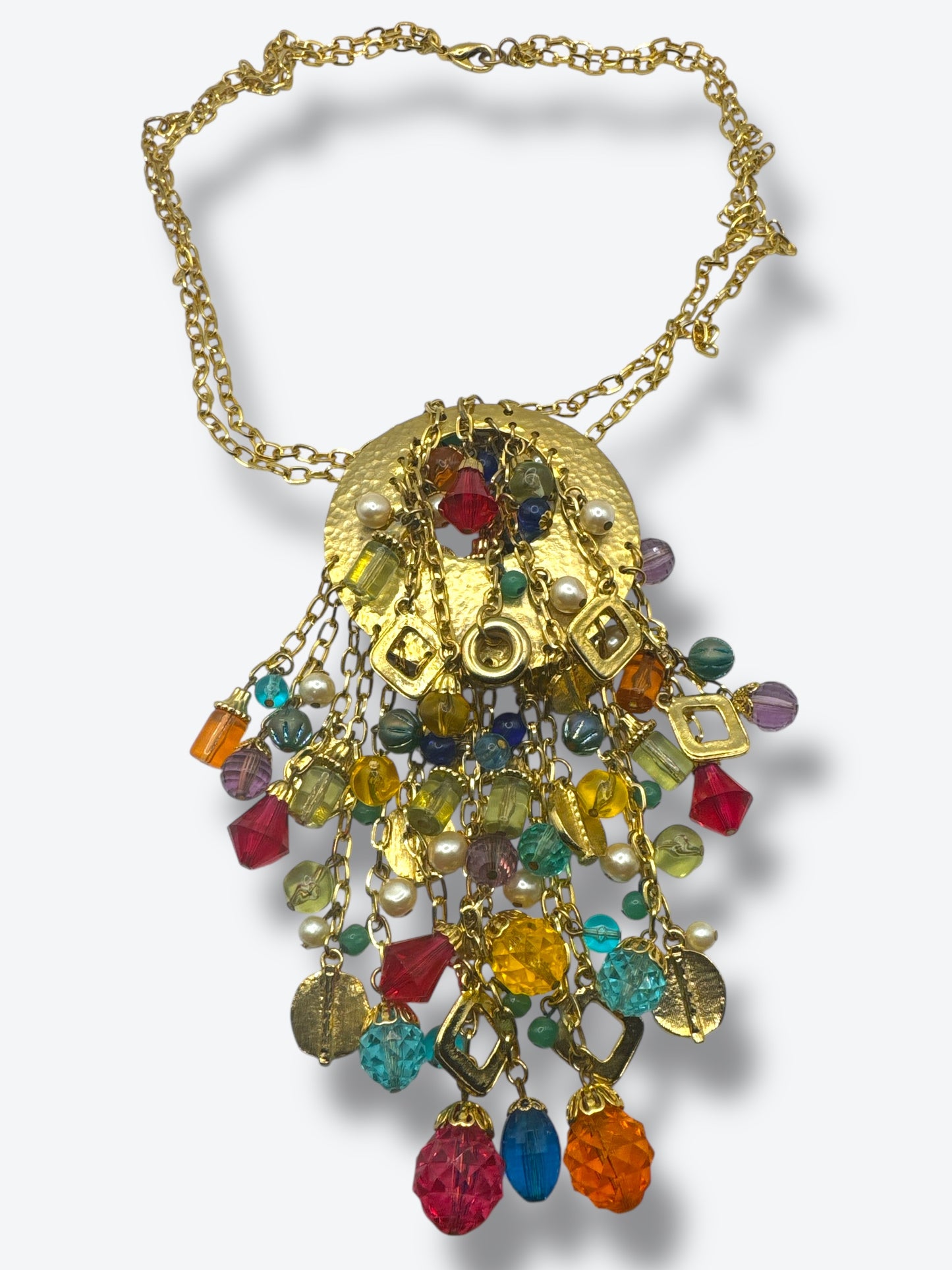 Vintage 1970s Bohemian Statement Necklace with Multicolor Beads & Gold Medallion