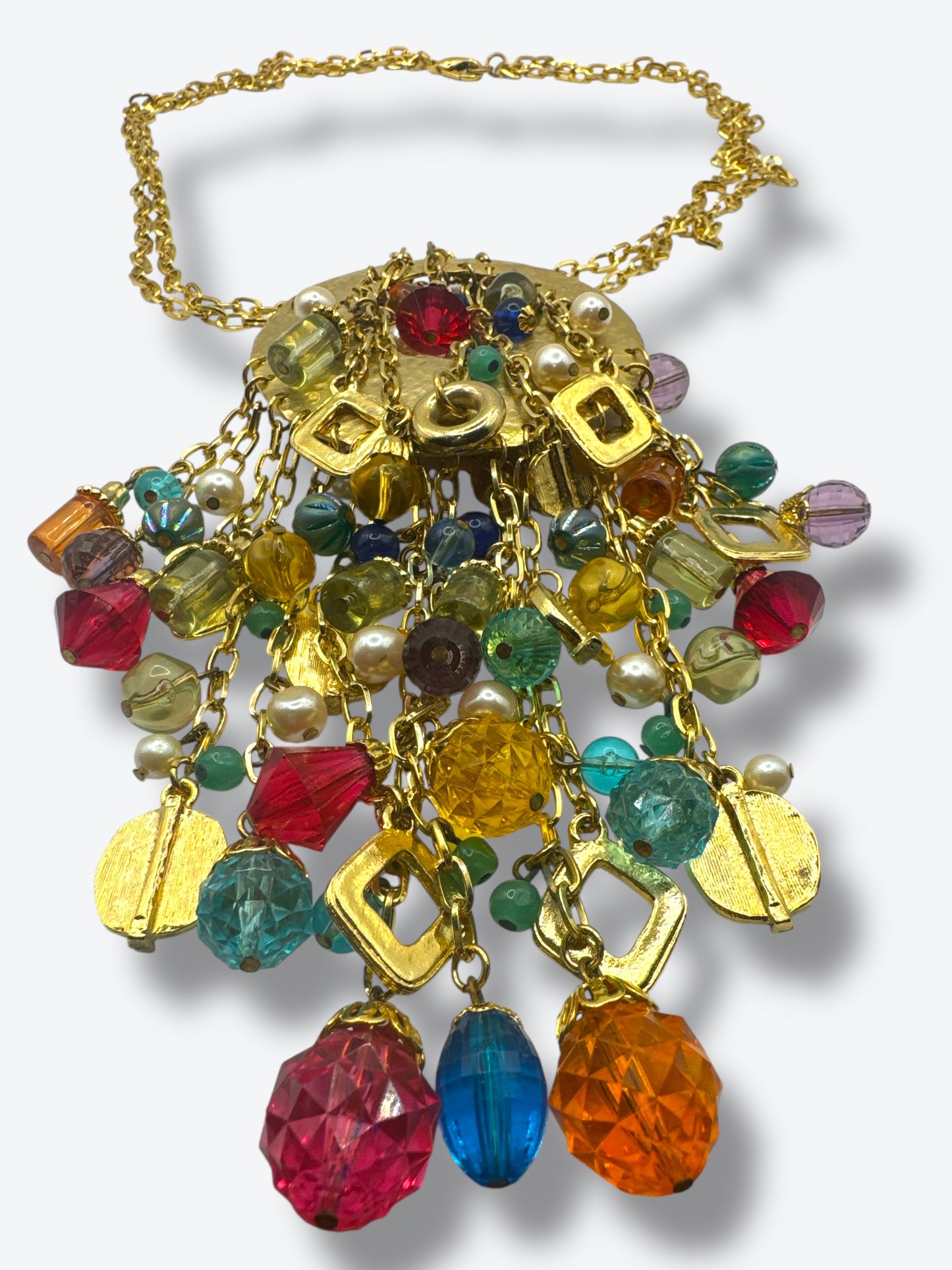 Vintage 1970s Bohemian Statement Necklace with Multicolor Beads & Gold Medallion