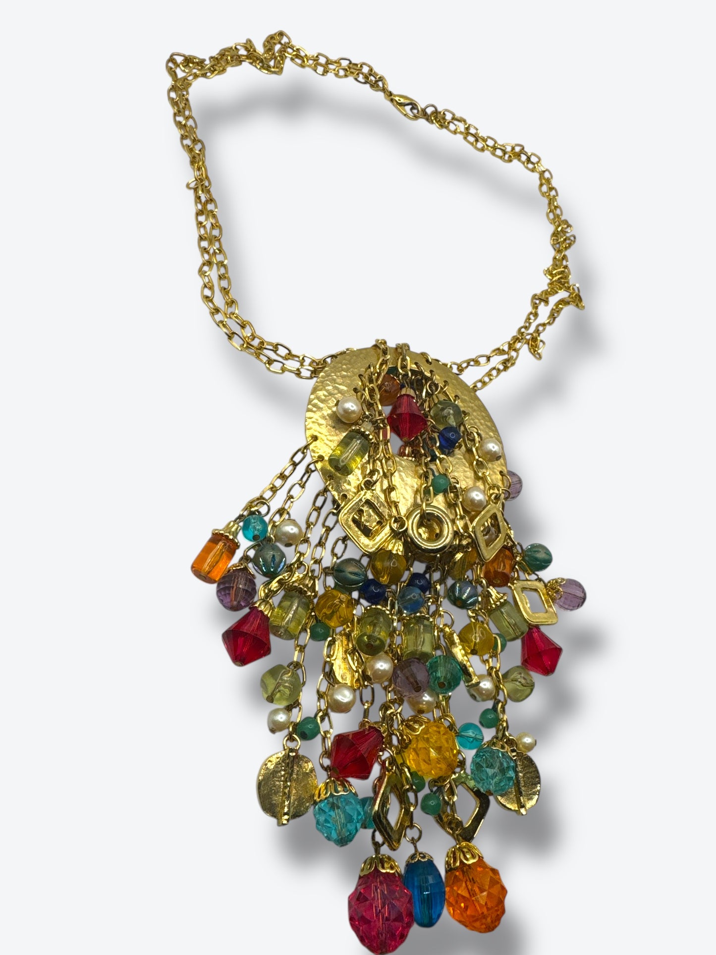 Vintage 1970s Bohemian Statement Necklace with Multicolor Beads & Gold Medallion