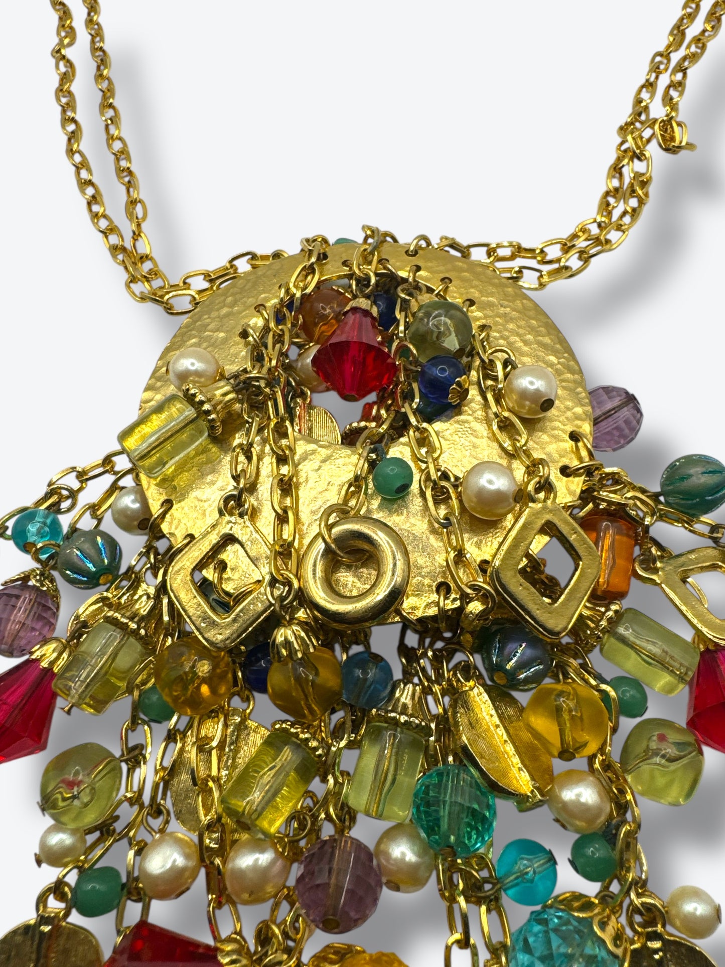 Vintage 1970s Bohemian Statement Necklace with Multicolor Beads & Gold Medallion