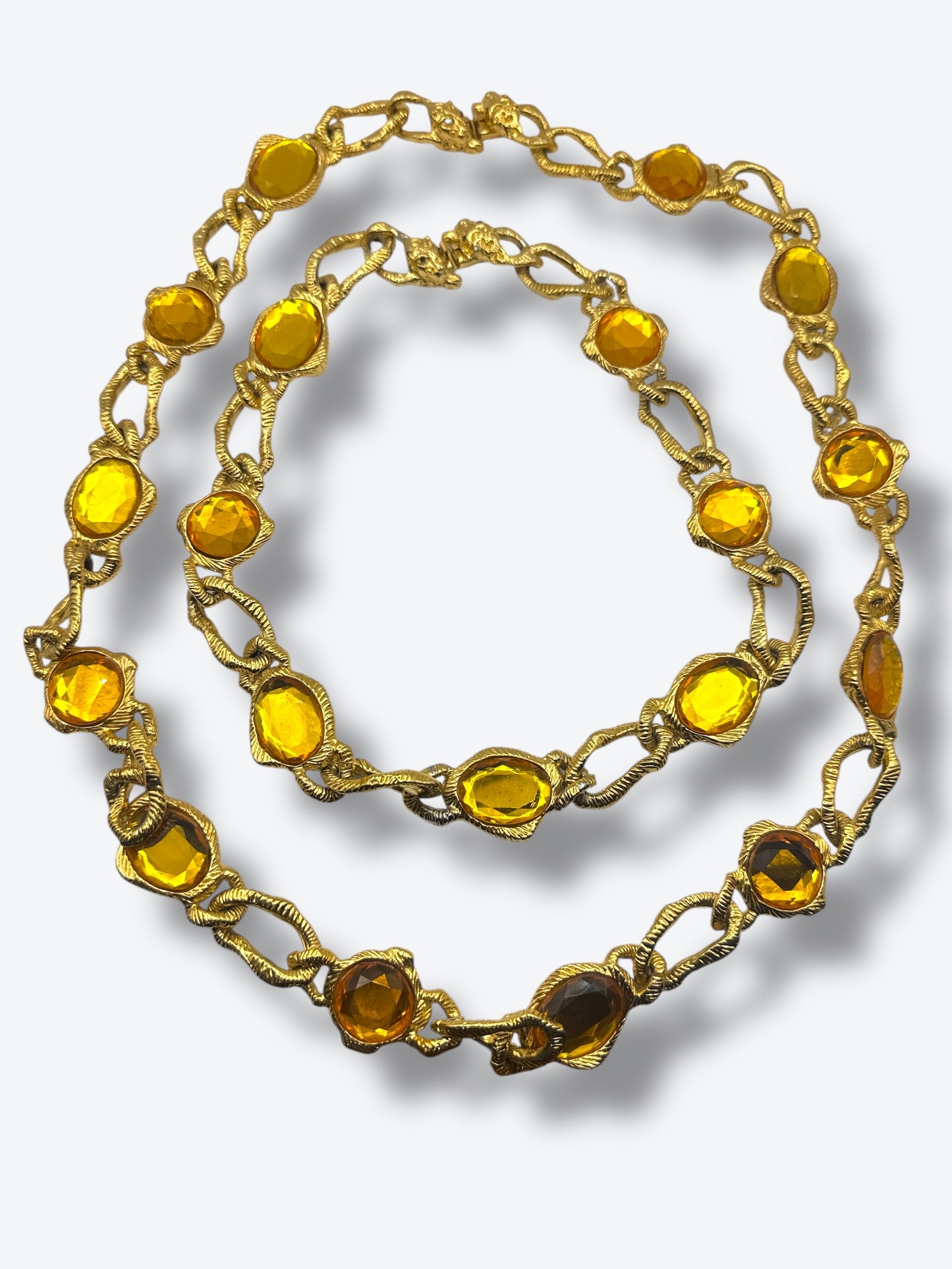 Vintage 1970s Sculptural Necklace with Golden Amber Glass & Lion-Head Clasp