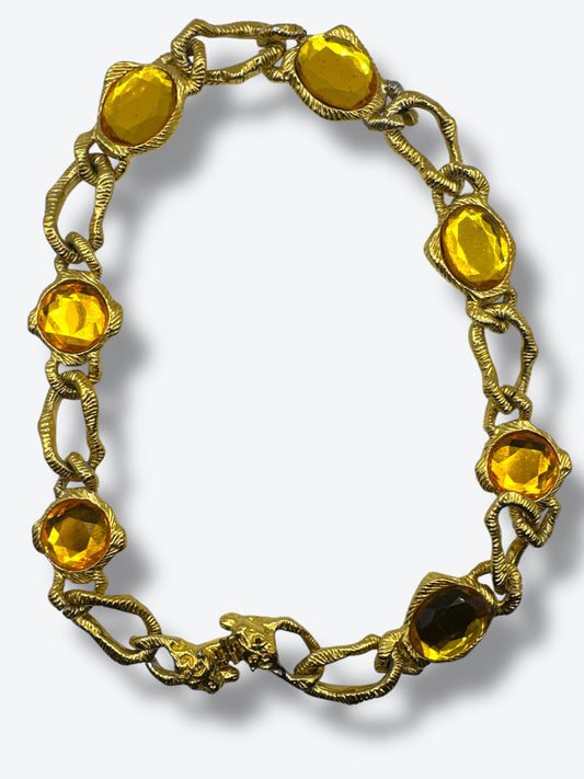 Vintage 1970s Sculptural Gold Necklace with Amber Glass Stones