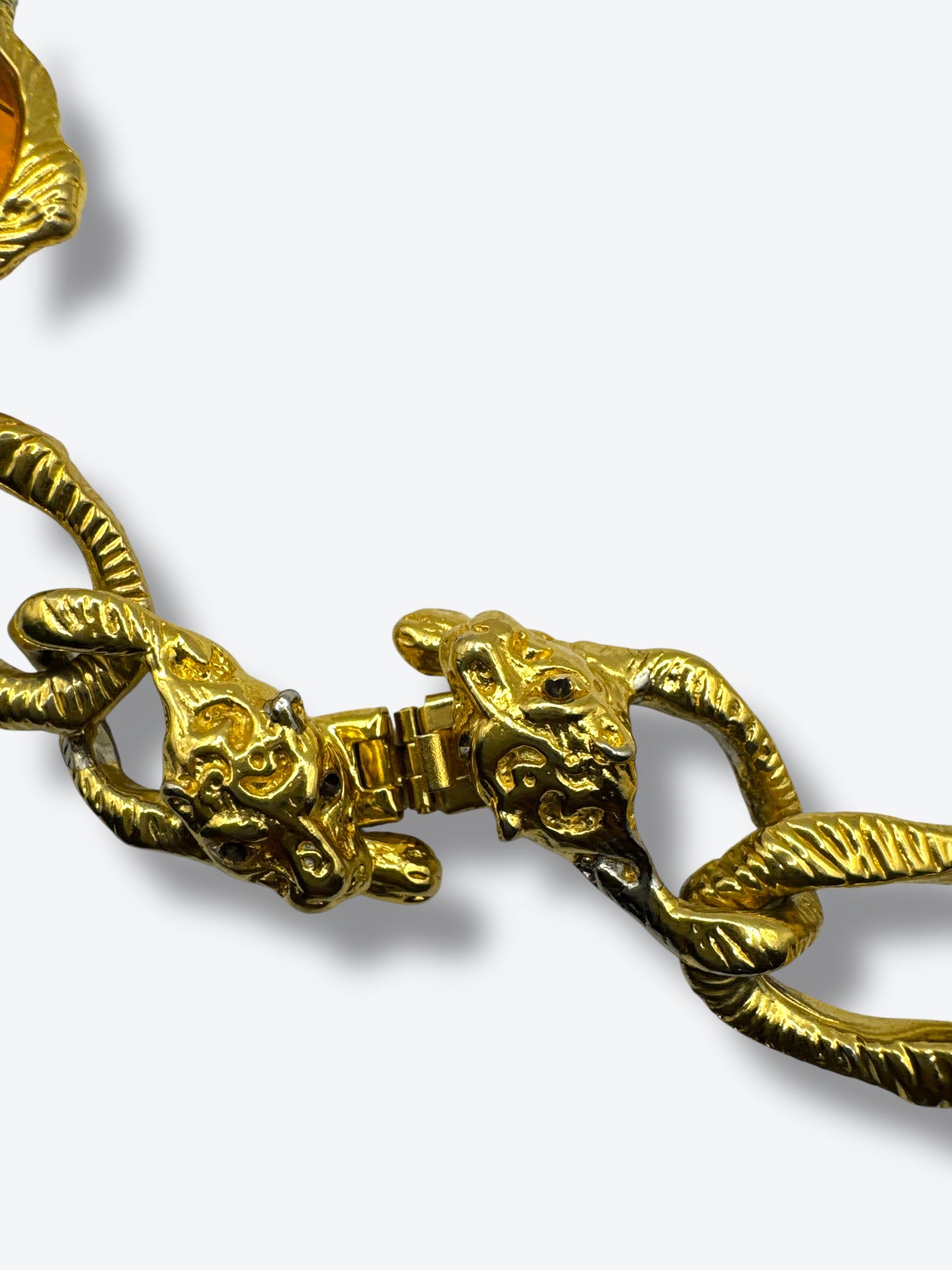 Vintage 1970s Sculptural Necklace with Golden Amber Glass & Lion-Head Clasp