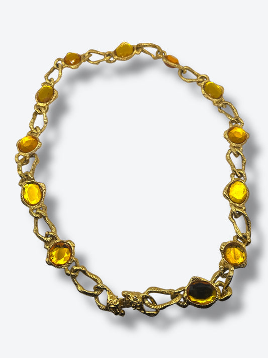 Vintage 1970s Sculptural Necklace with Golden Amber Glass & Lion-Head Clasp