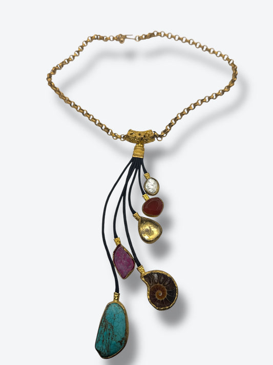 Vintage Artisan Necklace with Semi-Precious Stones & Fossil Pendant