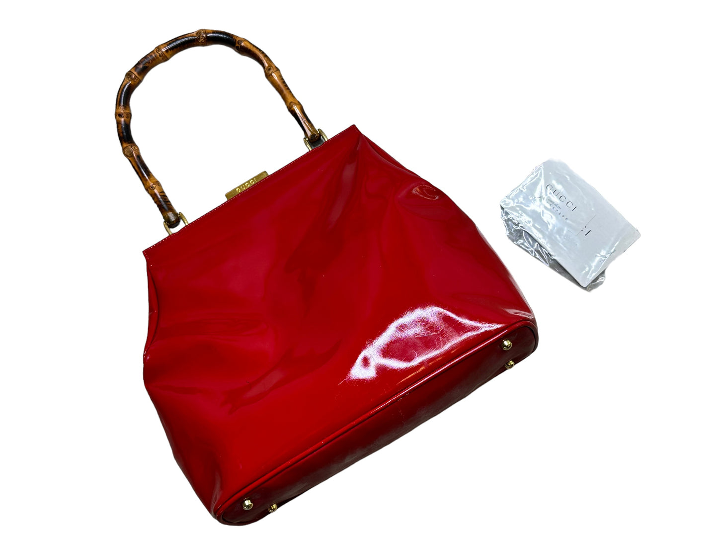1990s Gucci Red Patent Leather Bamboo Handle Bag