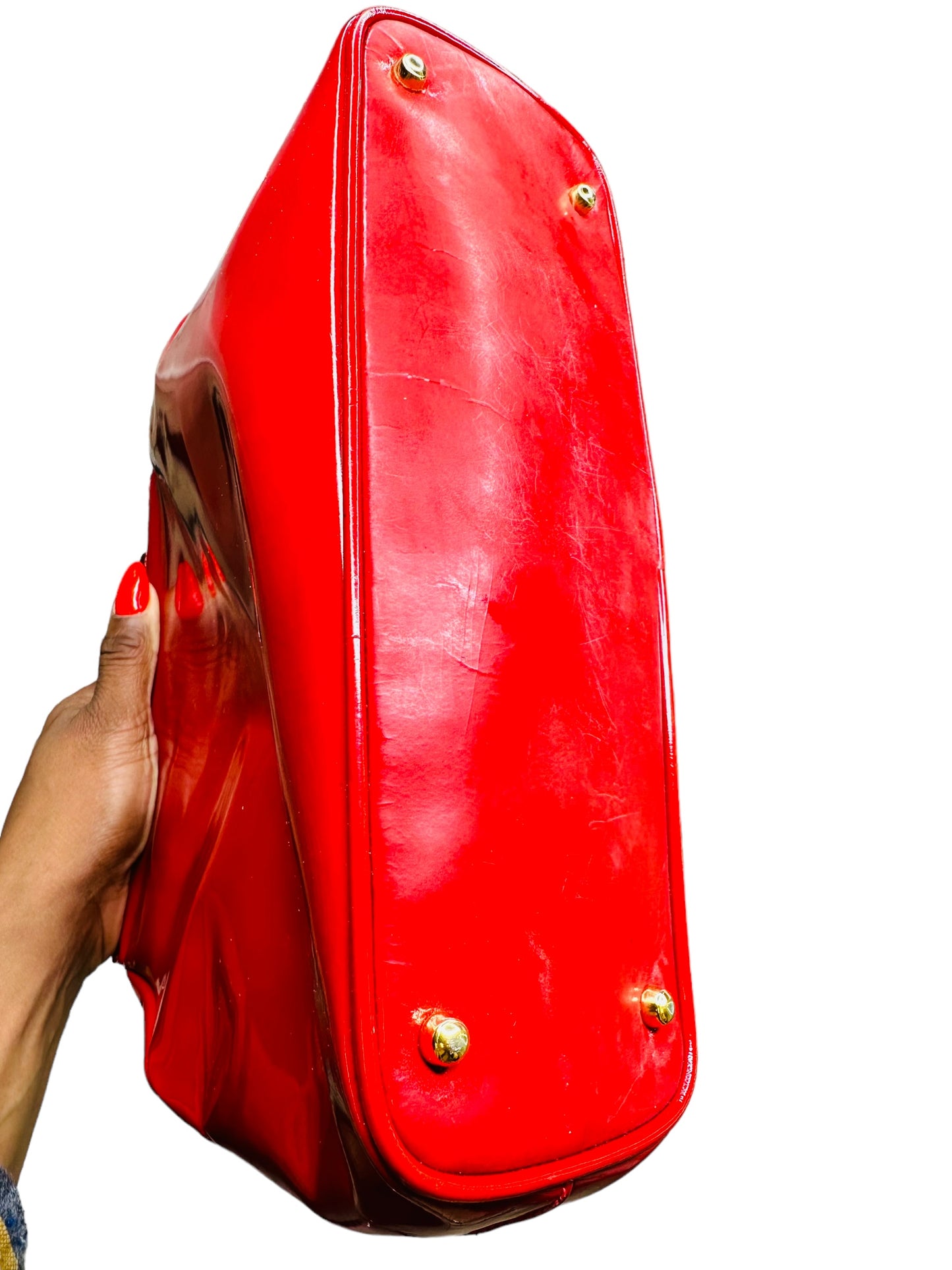 1990s Gucci Red Patent Leather Bamboo Handle Bag