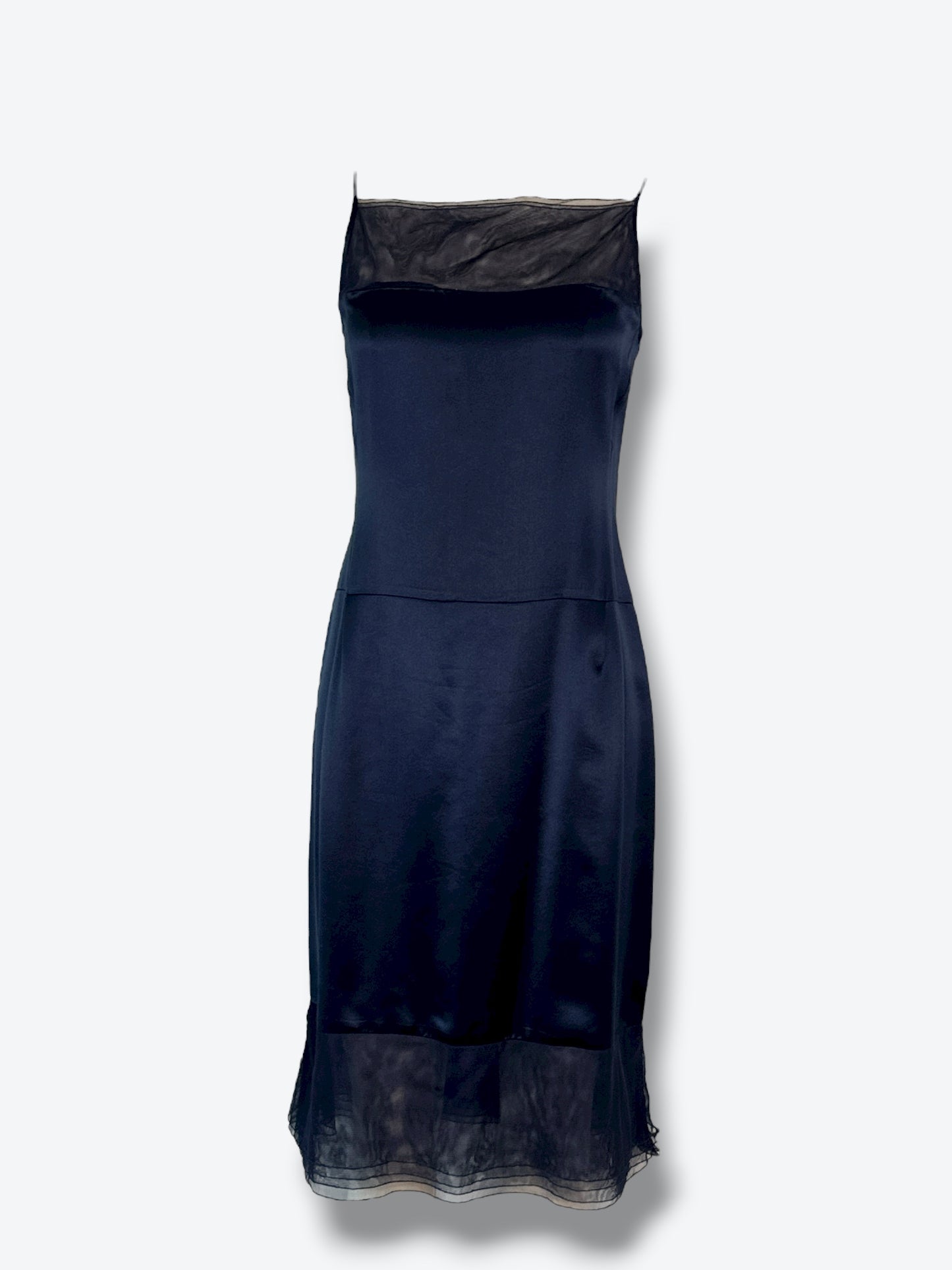 Chanel 1999P Navy Satin & Sheer Mesh Slip Dress – FR 36