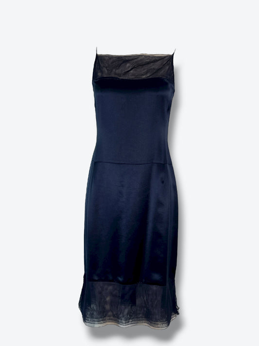 Chanel 1999P Navy Satin & Sheer Mesh Slip Dress – FR 36