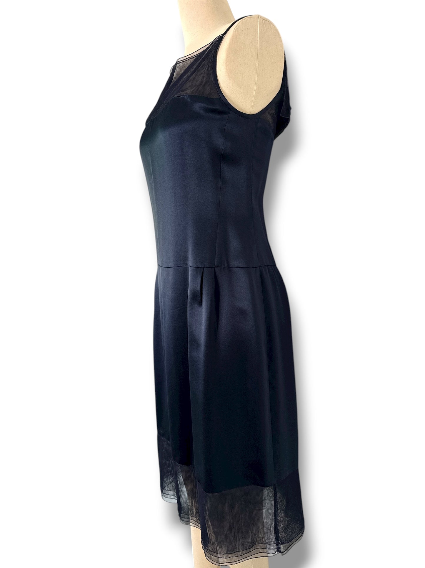 Chanel 1999P Navy Satin & Sheer Mesh Slip Dress – FR 36