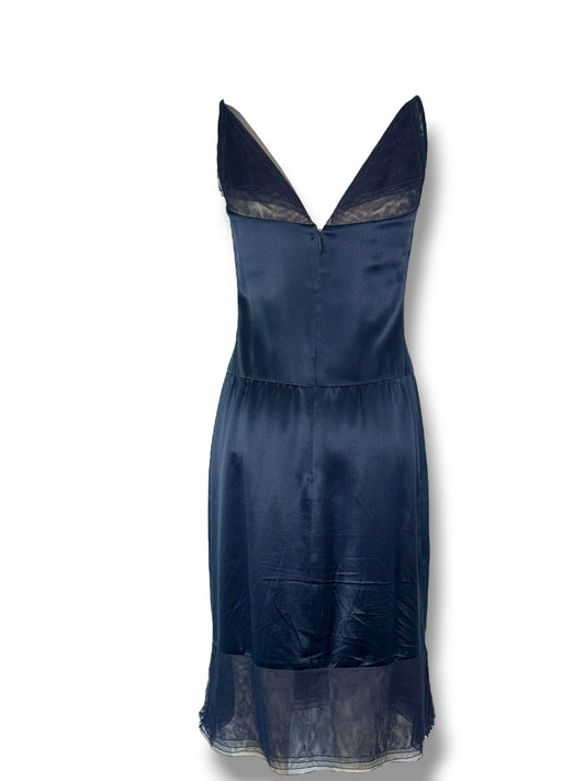 Chanel 1999P Navy Satin & Sheer Mesh Slip Dress – FR 36