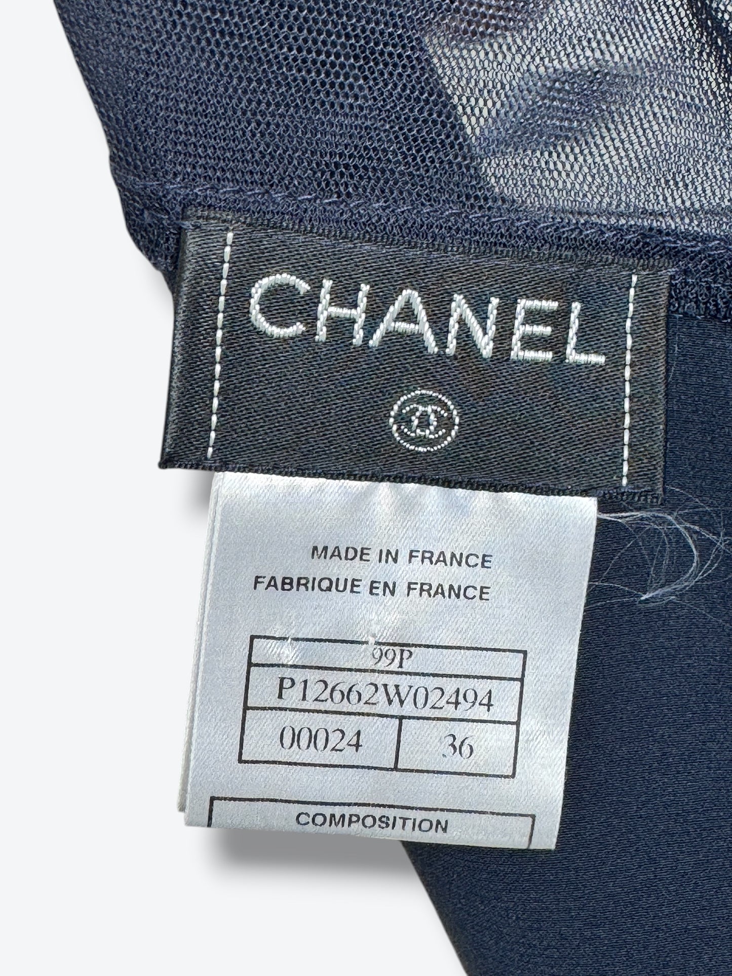 Chanel 1999P Navy Satin & Sheer Mesh Slip Dress – FR 36