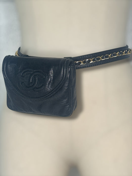 1990s Vintage Chanel Black Lambskin Leather Belt Bag with Chain Detail
