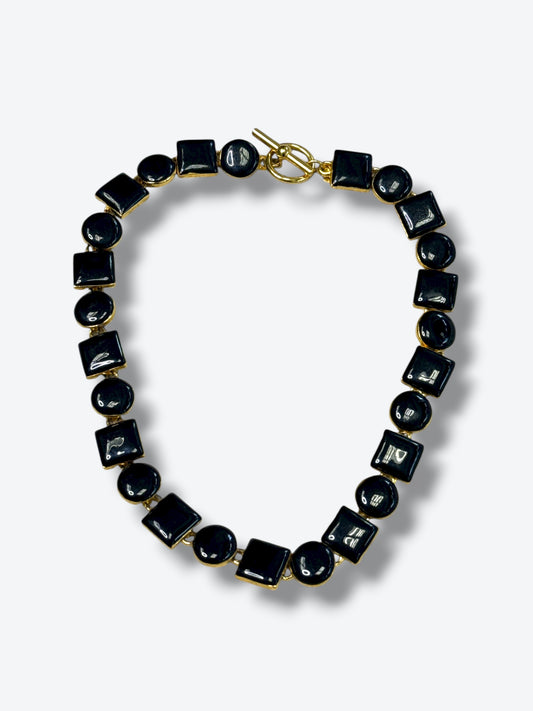 1980s Anne Klein Enamel Black & Gold Geometric Statement Necklace