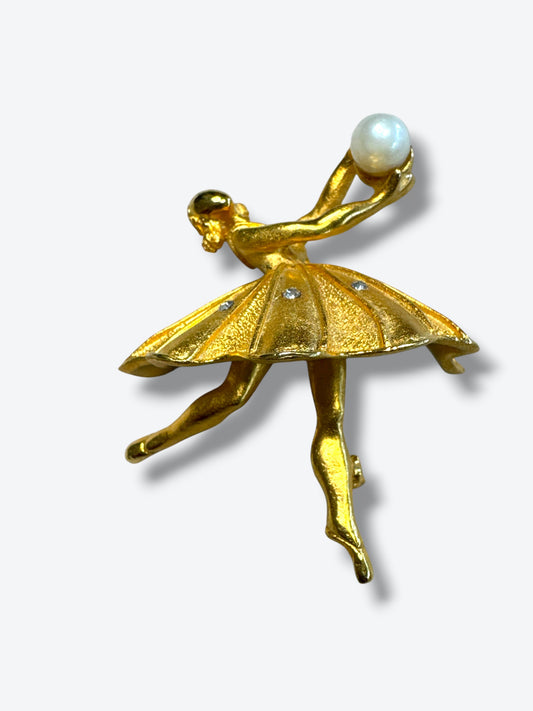 1950s 2” Ballerina Brooch – Gold Tone with Rhinestones & Faux Pearl