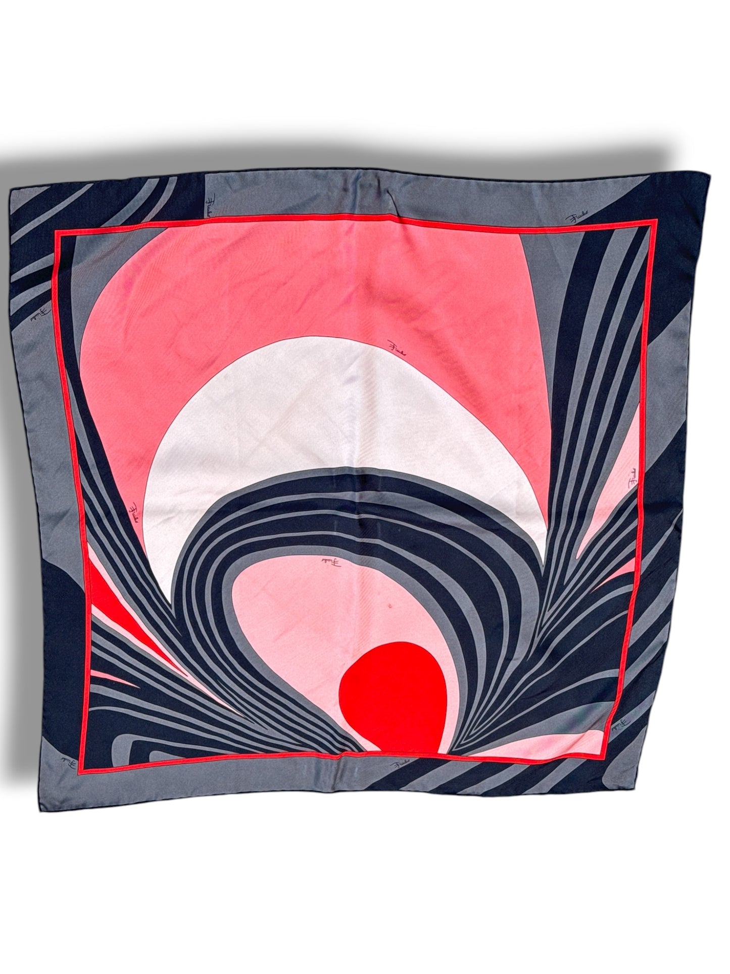 1970s 24” x 24” Emilio Pucci Silk Scarf – Abstract Coral & Navy Swirl