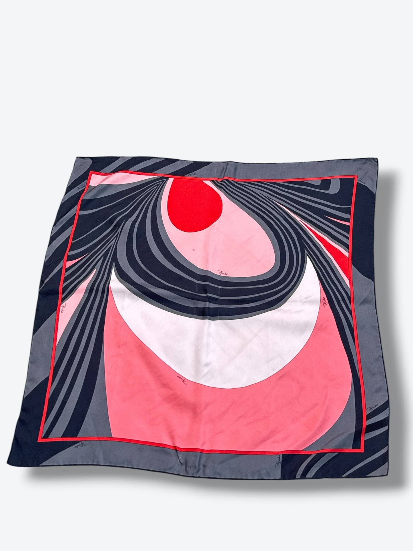 1970s 24” x 24” Emilio Pucci Silk Scarf – Abstract Coral & Navy Swirl