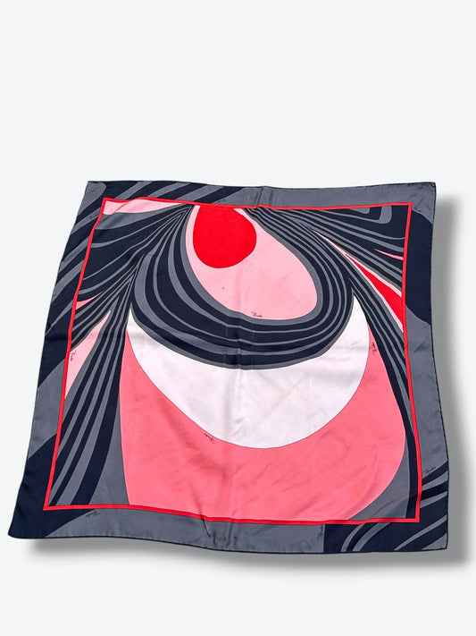 1970s 24” x 24” Emilio Pucci Silk Scarf – Abstract Coral & Navy Swirl