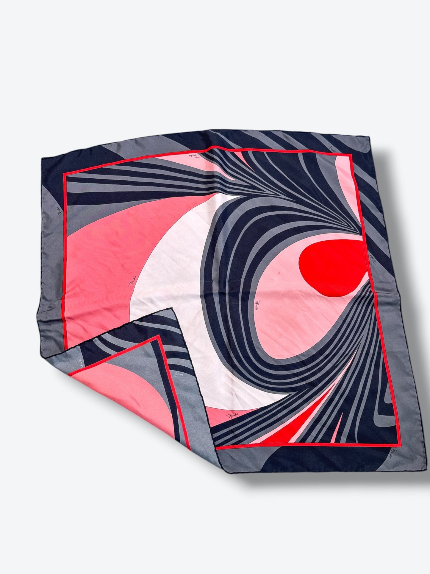 1970s 24” x 24” Emilio Pucci Silk Scarf – Abstract Coral & Navy Swirl