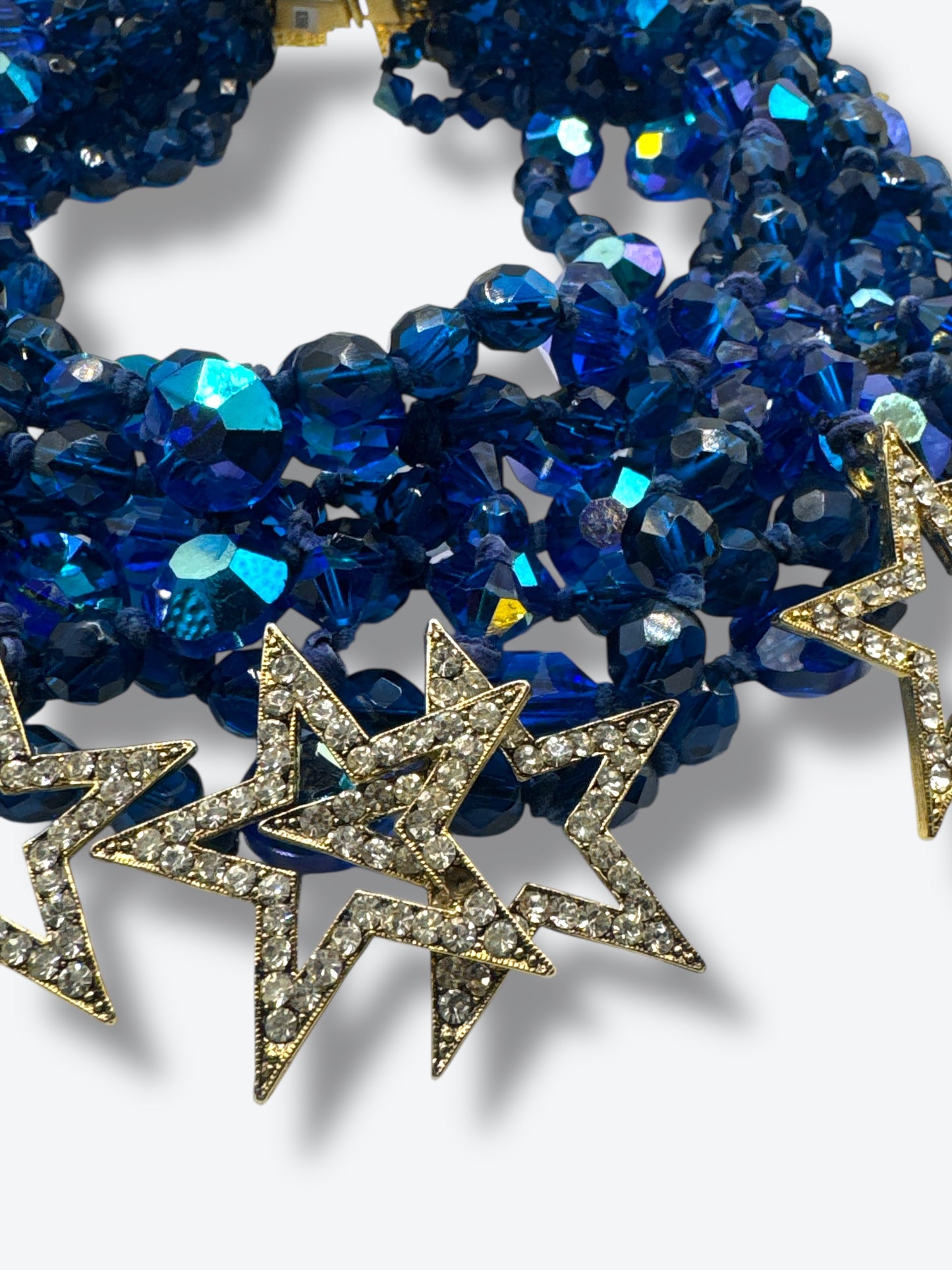 1990s Erickson Beamon Crystal Star Choker – Midnight Blue Faceted Beads with Pavé Star Charms