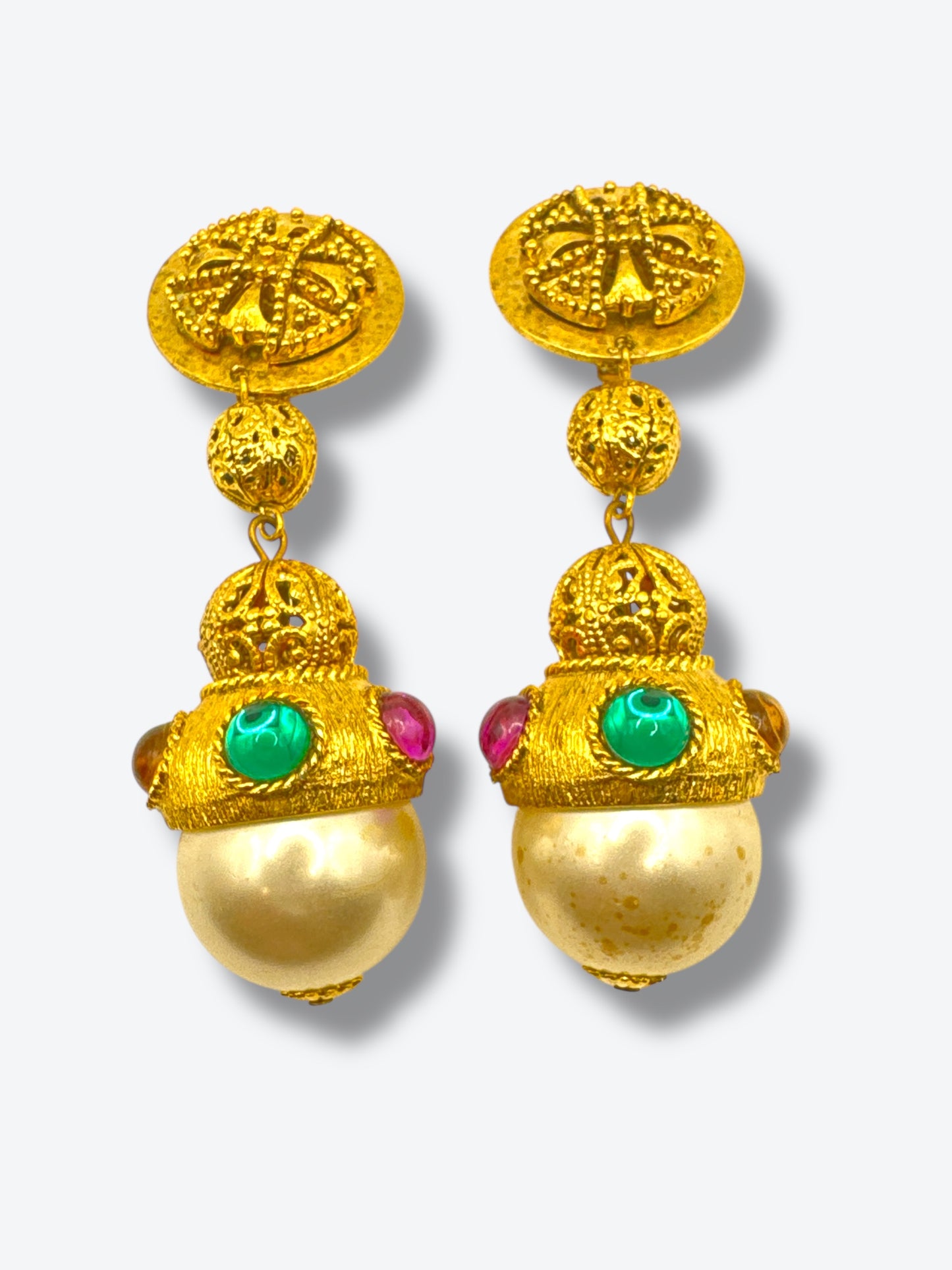 1960s Drop Earrings – Byzantine Gold Filigree with Jewel Accents & Faux Pearl Orbs