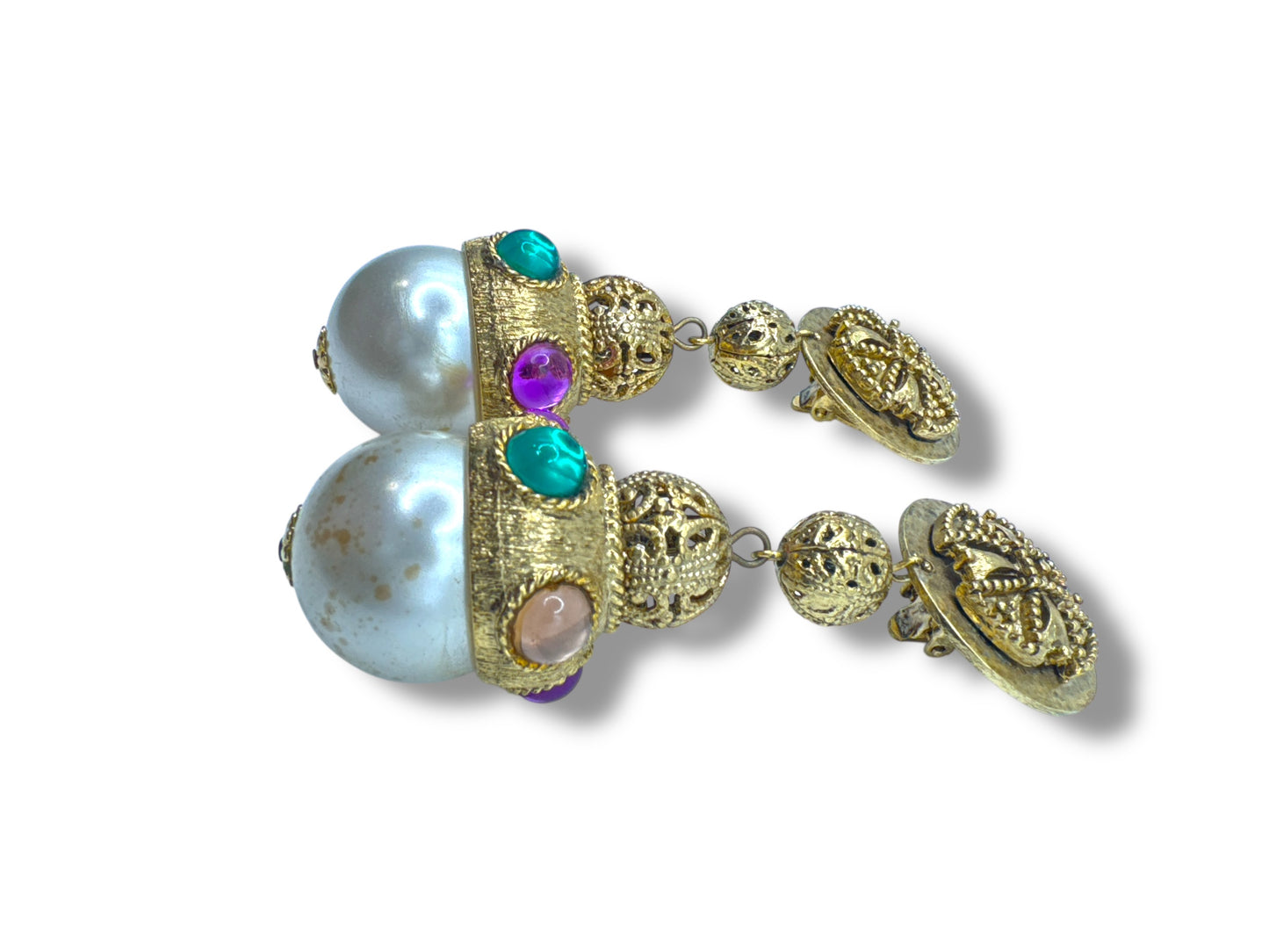 1960s Drop Earrings – Byzantine Gold Filigree with Jewel Accents & Faux Pearl Orbs