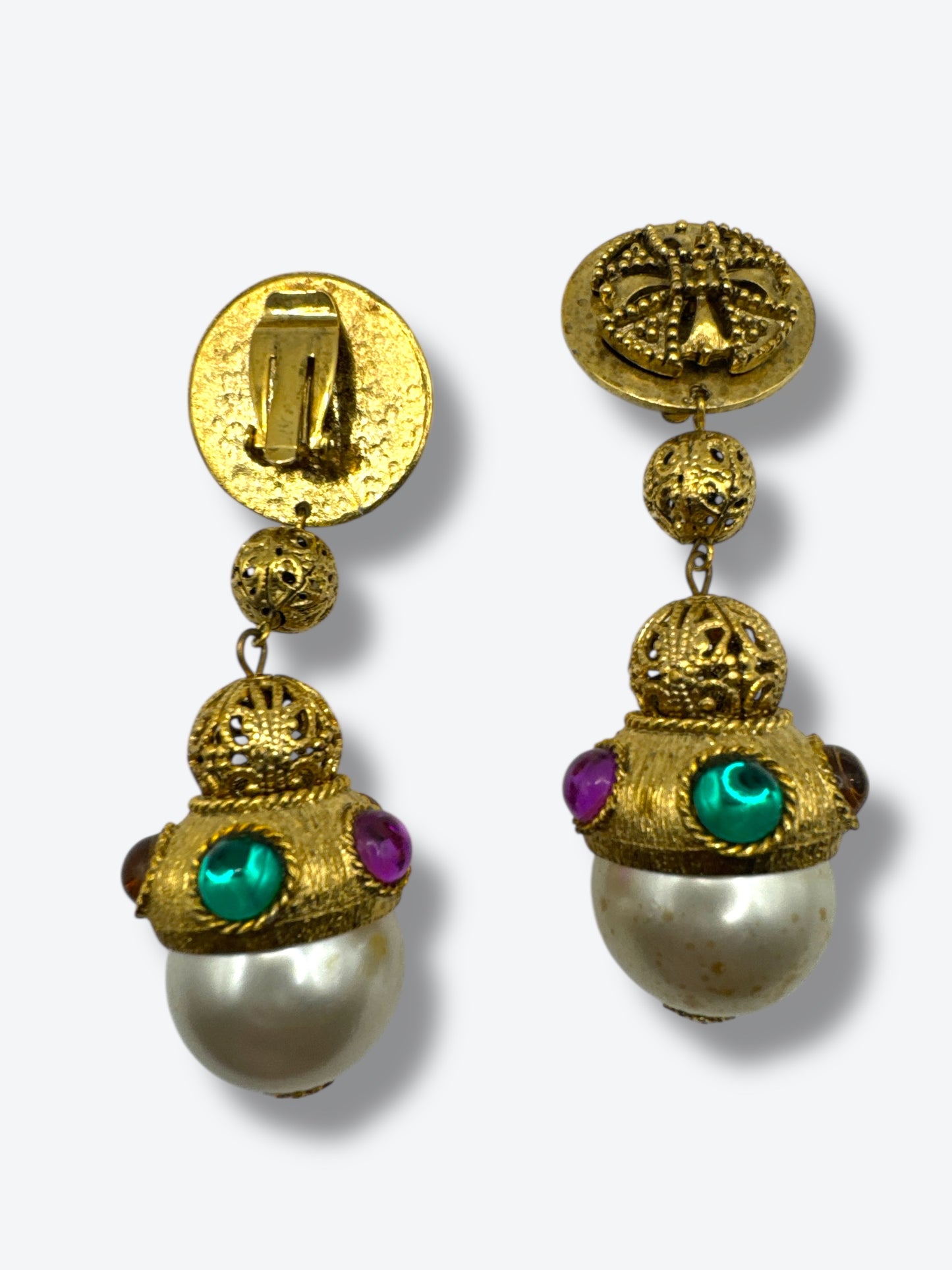 1960s Drop Earrings – Byzantine Gold Filigree with Jewel Accents & Faux Pearl Orbs