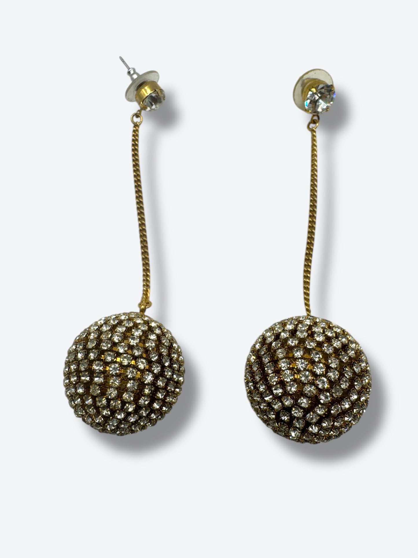Vintage Crystal Ball Drop Earrings – Gold-Tone Dangle with Pave Rhinestones