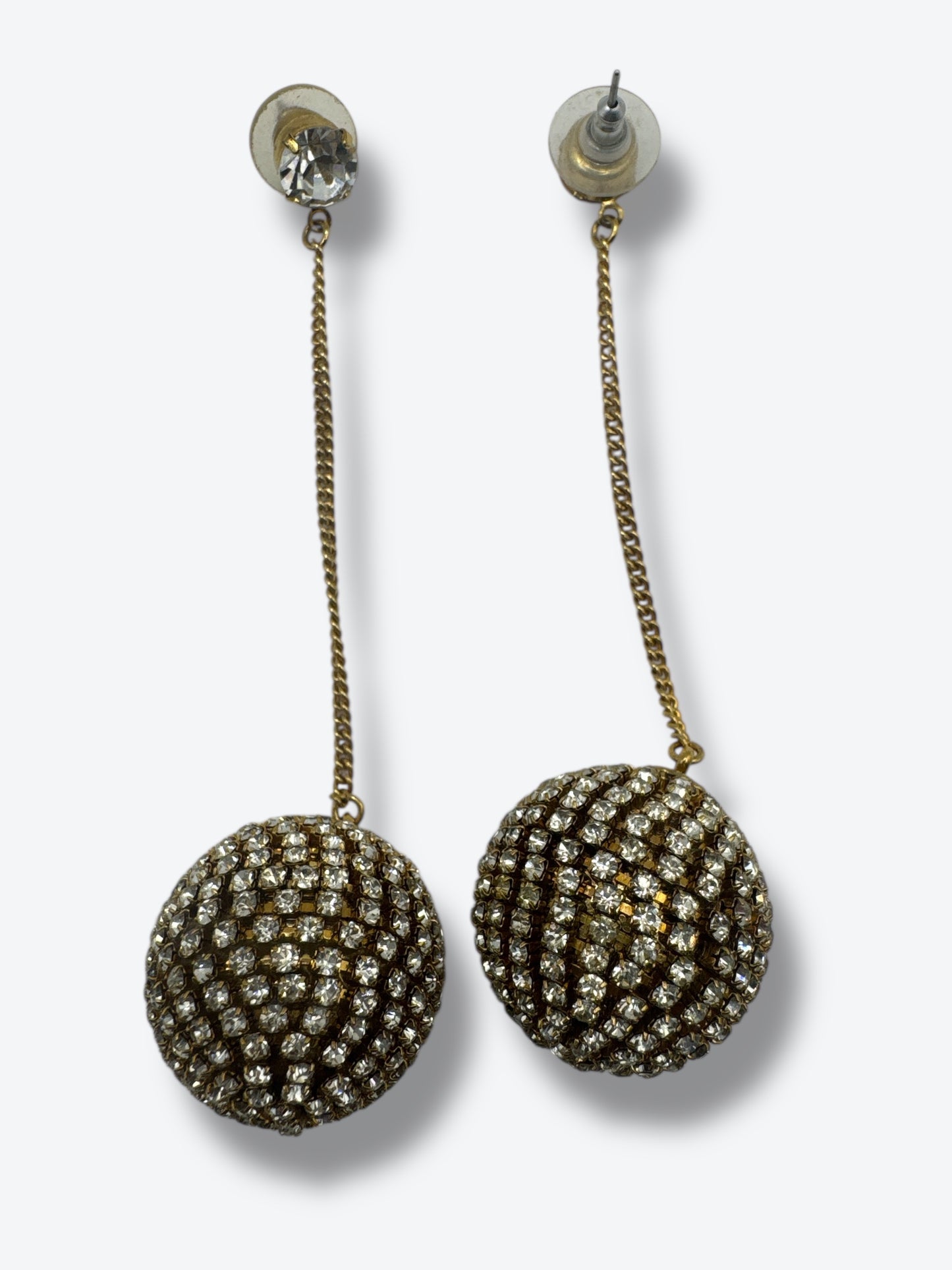 Vintage Crystal Ball Drop Earrings – Gold-Tone Dangle with Pave Rhinestones