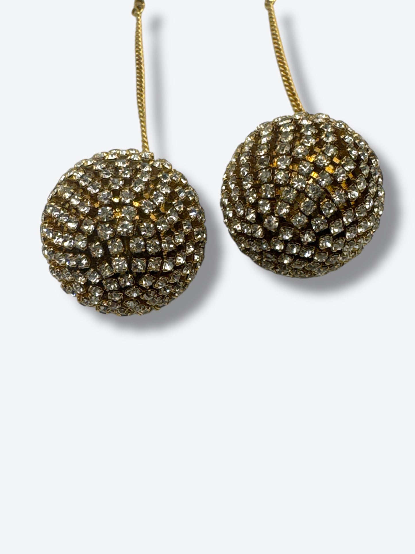 Vintage Crystal Ball Drop Earrings – Gold-Tone Dangle with Pave Rhinestones