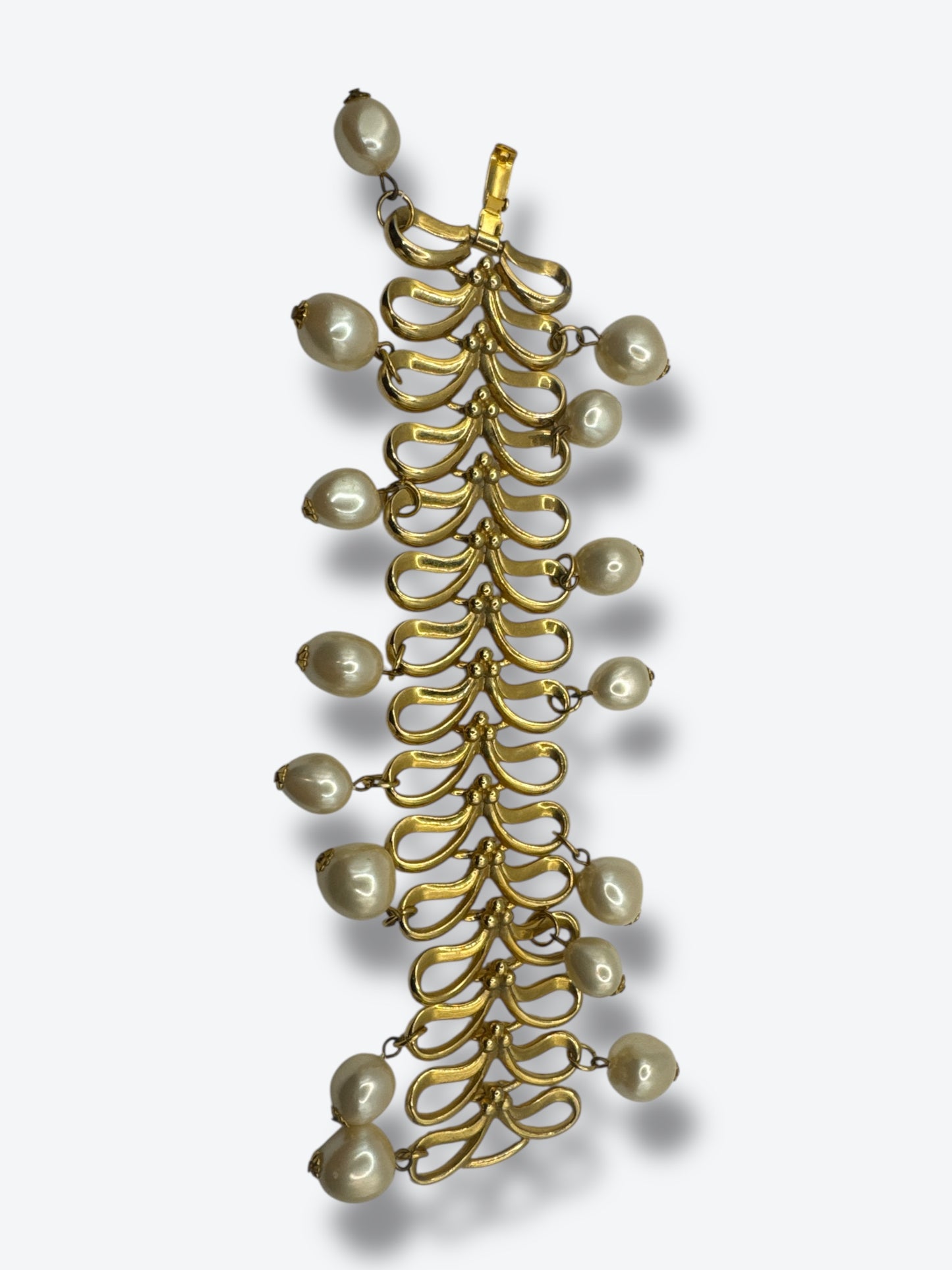 Vintage Gold-Tone Bracelet with Baroque Pearl Drops – Ornate Scrollwork Statement Design