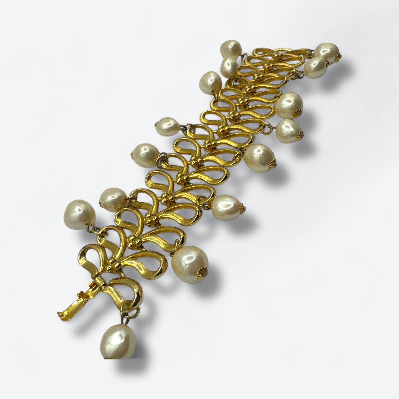 Vintage Gold-Tone Bracelet with Baroque Pearl Drops – Ornate Scrollwork Statement Design