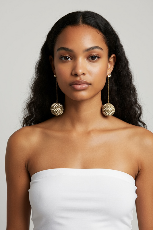 Vintage Crystal Ball Drop Earrings – Gold-Tone Dangle with Pave Rhinestones