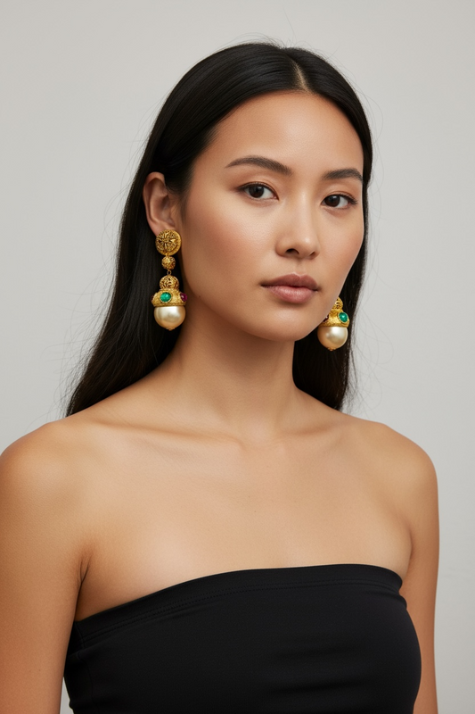 1960s Drop Earrings – Byzantine Gold Filigree with Jewel Accents & Faux Pearl Orbs